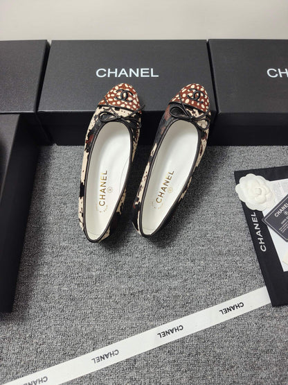 Chanel 2026 Ballet Flat Black Cream Brown Horsehair Calfskin 696628