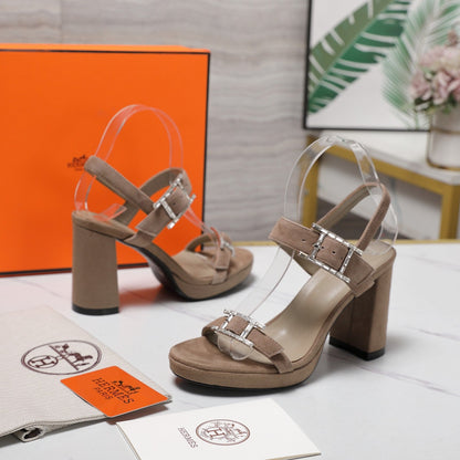 HM 26ss Platform High-Heeled Sandals Taupe Velvet Sheepskin 601218