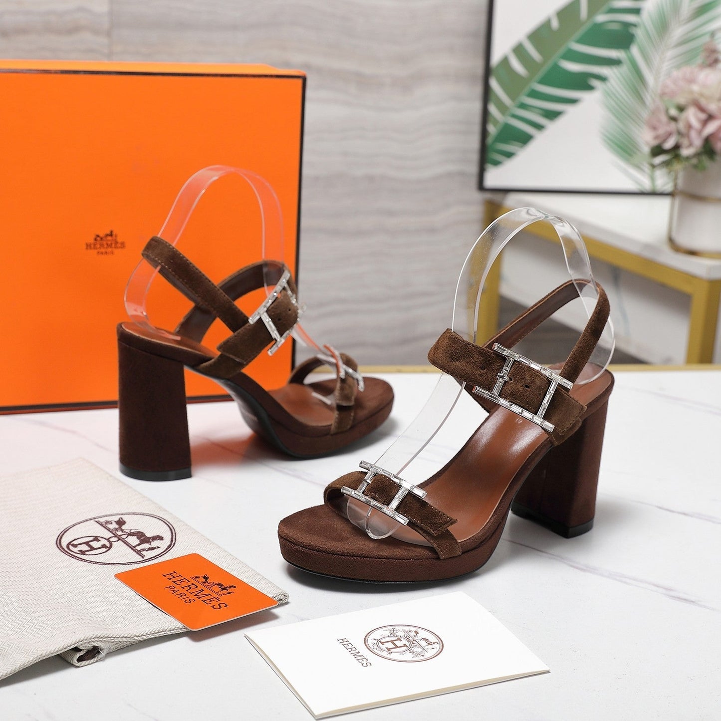 HM 26ss Platform High-Heeled Sandals Dark Brown Velvet Sheepskin 601218
