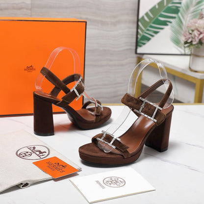 HM 26ss Platform High-Heeled Sandals Dark Brown Velvet Sheepskin 601218