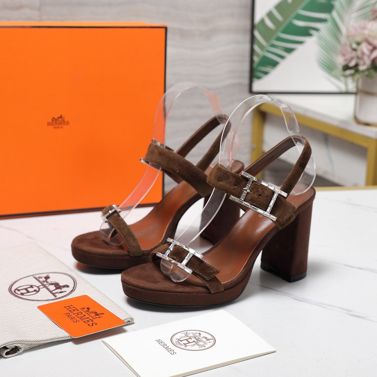 HM 26ss Platform High-Heeled Sandals Dark Brown Velvet Sheepskin 601218