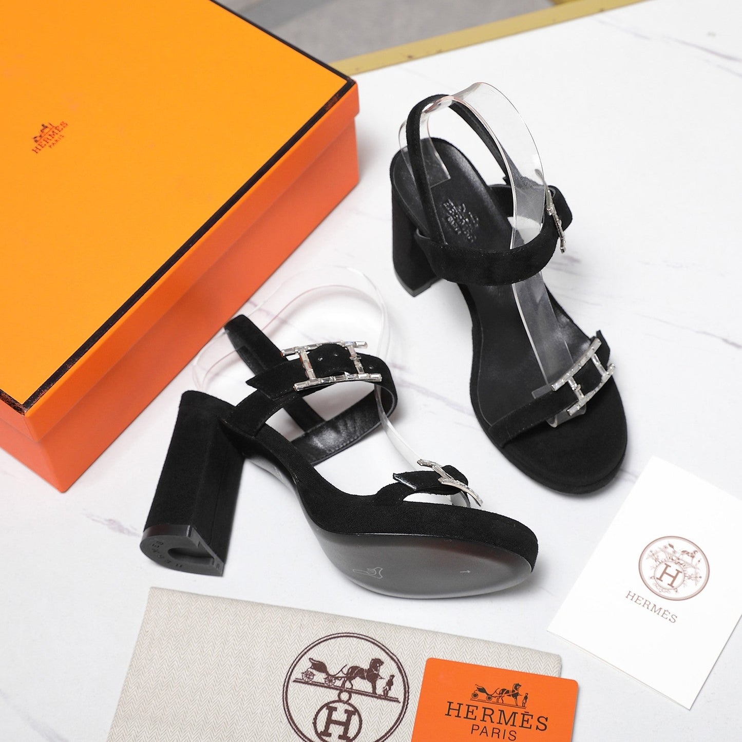 HM 26ss Platform High-Heeled Sandals Black Velvet Sheepskin 601220