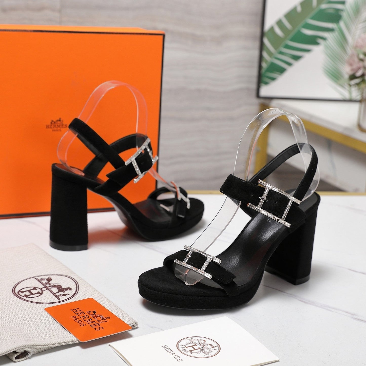HM 26ss Platform High-Heeled Sandals Black Velvet Sheepskin 601220