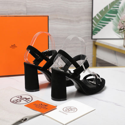 HM 26ss Platform High-Heeled Sandals Black Velvet Sheepskin 601220