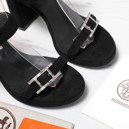 HM 26ss Platform High-Heeled Sandals Black Velvet Sheepskin 601220