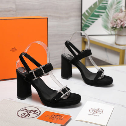 HM 26ss Platform High-Heeled Sandals Black Velvet Sheepskin 601220