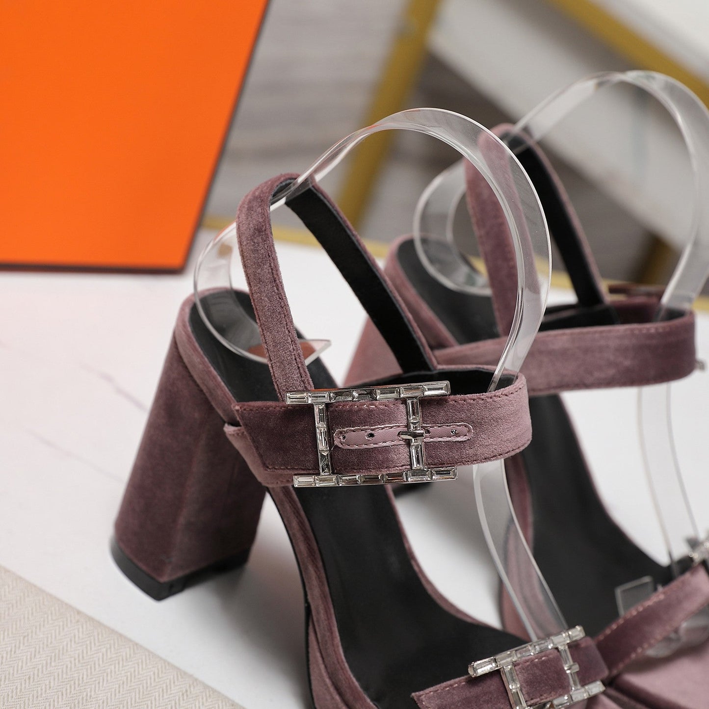 HM 26ss Platform High-Heeled Sandals Mauve Velvet Sheepskin 601221