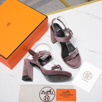 HM 26ss Platform High-Heeled Sandals Mauve Velvet Sheepskin 601221