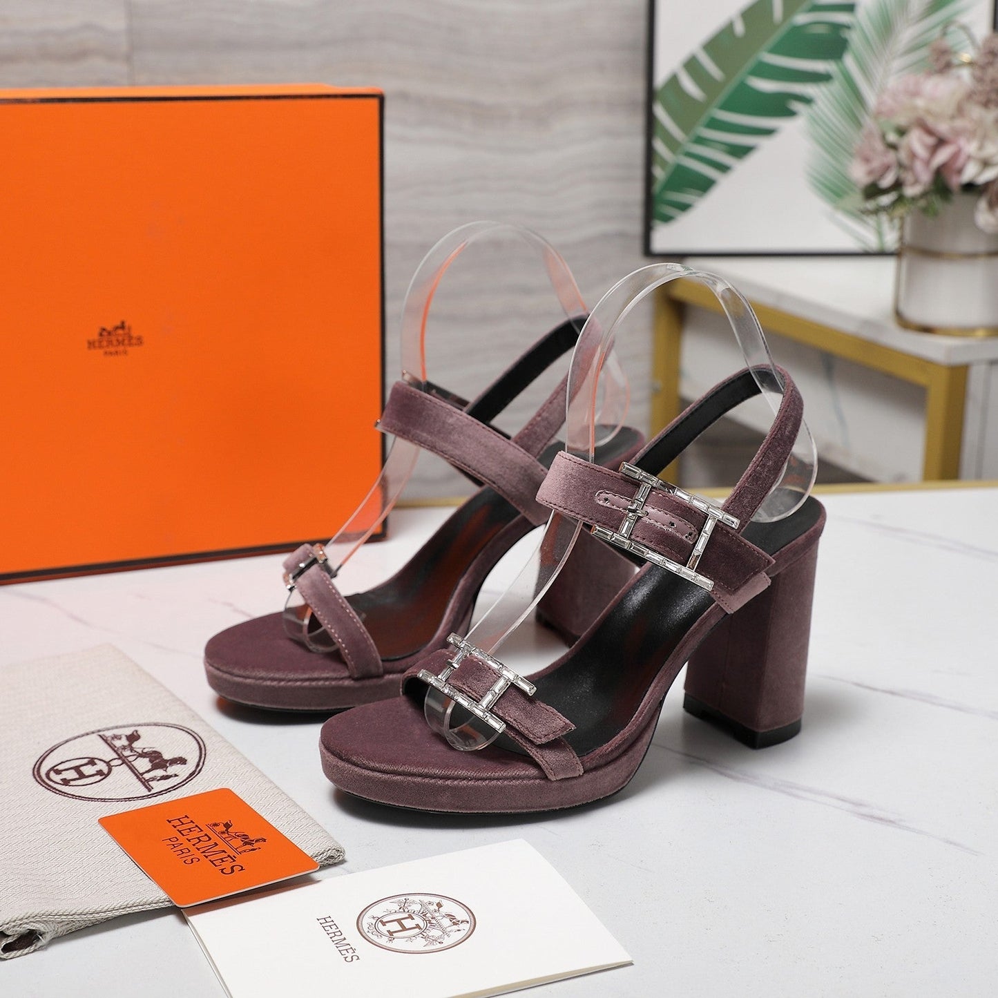 HM 26ss Platform High-Heeled Sandals Mauve Velvet Sheepskin 601221