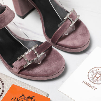 HM 26ss Platform High-Heeled Sandals Mauve Velvet Sheepskin 601221
