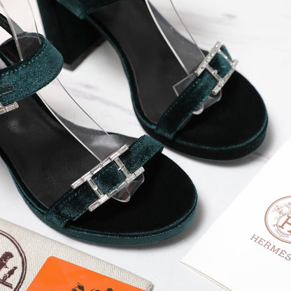 HM 26ss Platform High-Heeled Sandals Forest Green Velvet Sheepskin 601222