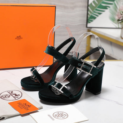 HM 26ss Platform High-Heeled Sandals Forest Green Velvet Sheepskin 601222