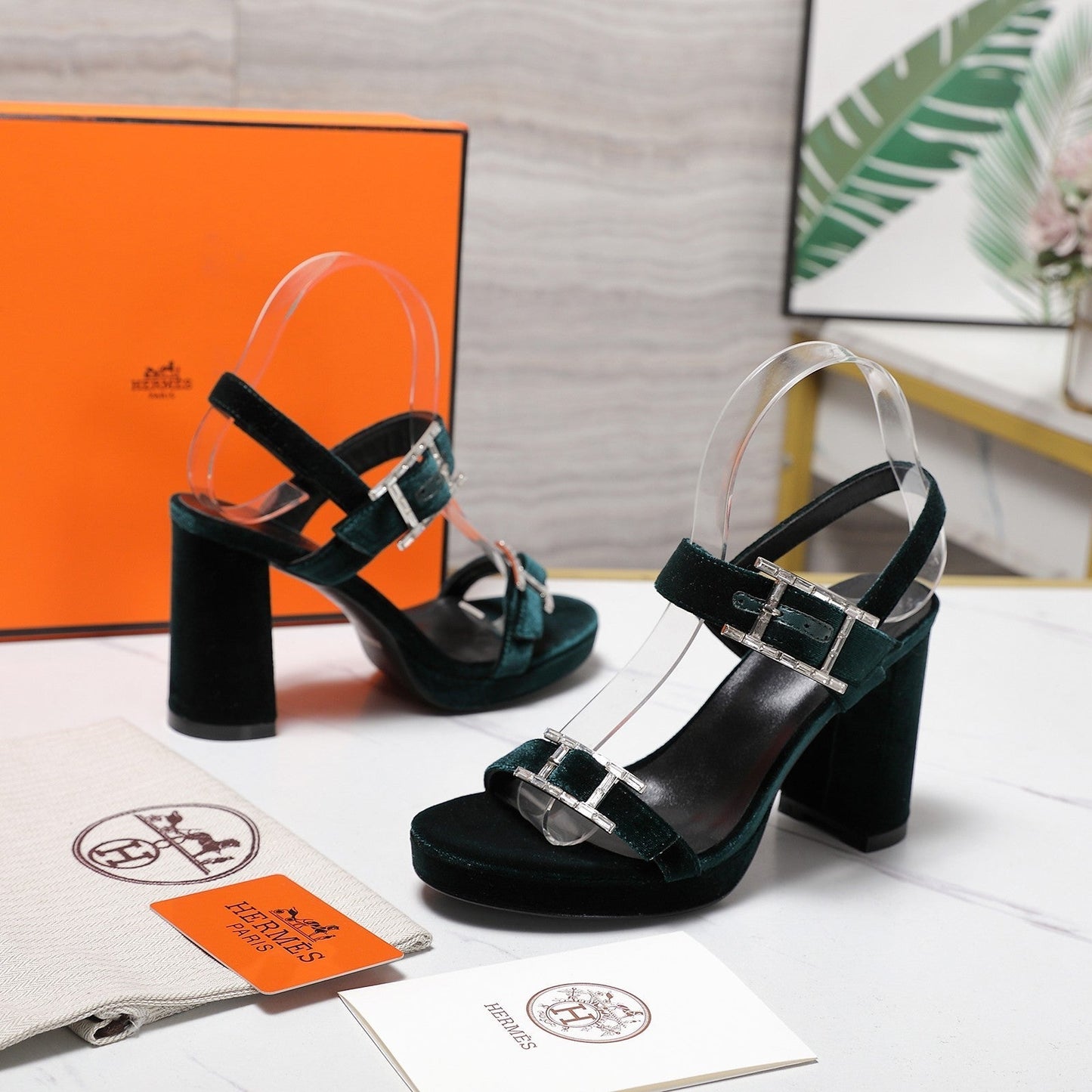 HM 26ss Platform High-Heeled Sandals Forest Green Velvet Sheepskin 601222