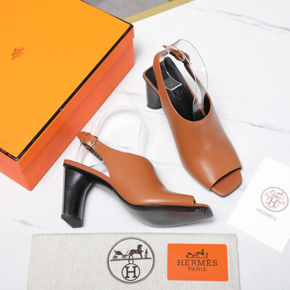HM 26ss Peep-Toe Sandals 80 Tan Black Cowhide 601239