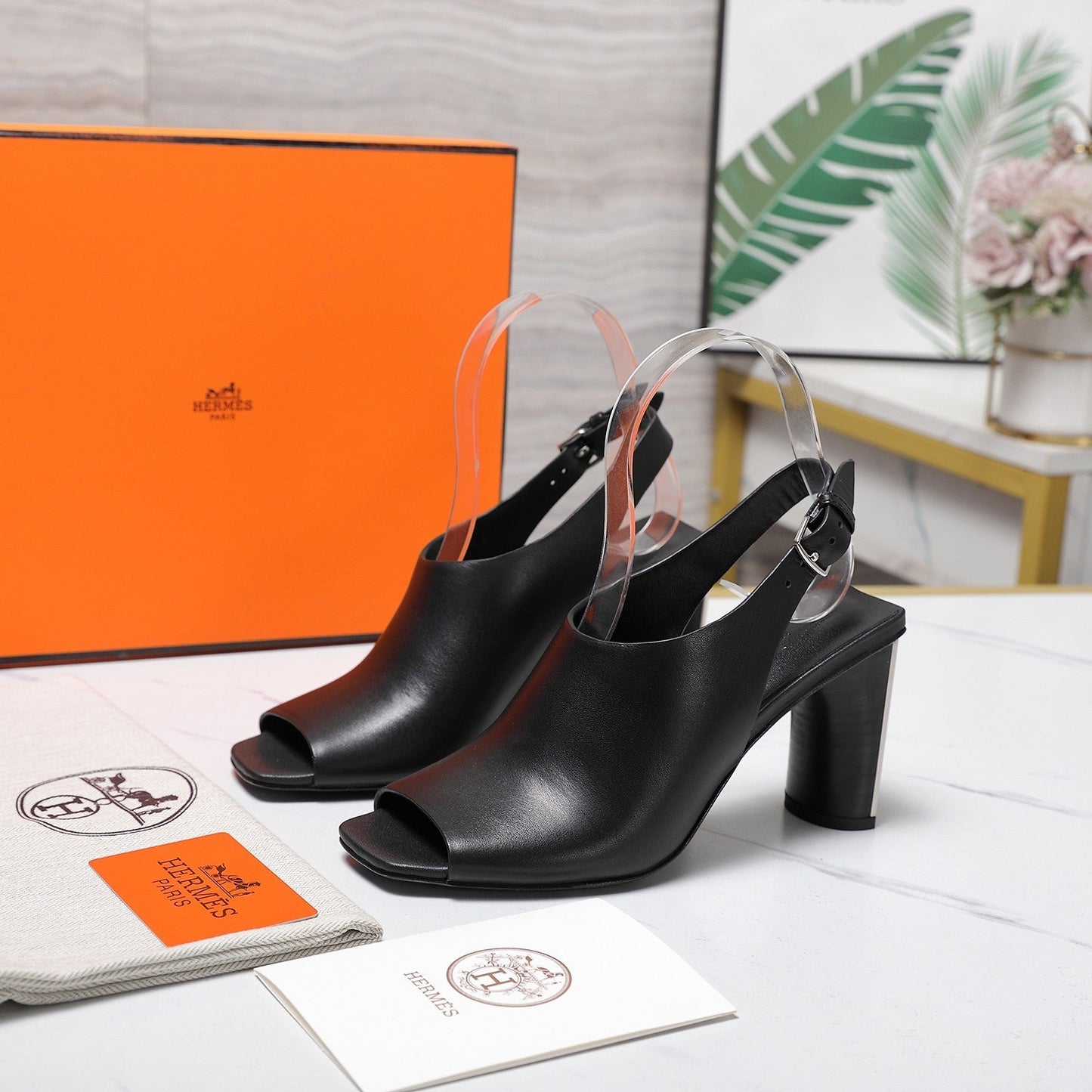 HM 26ss Peep-Toe Sandals 80 Black Cowhide 601240