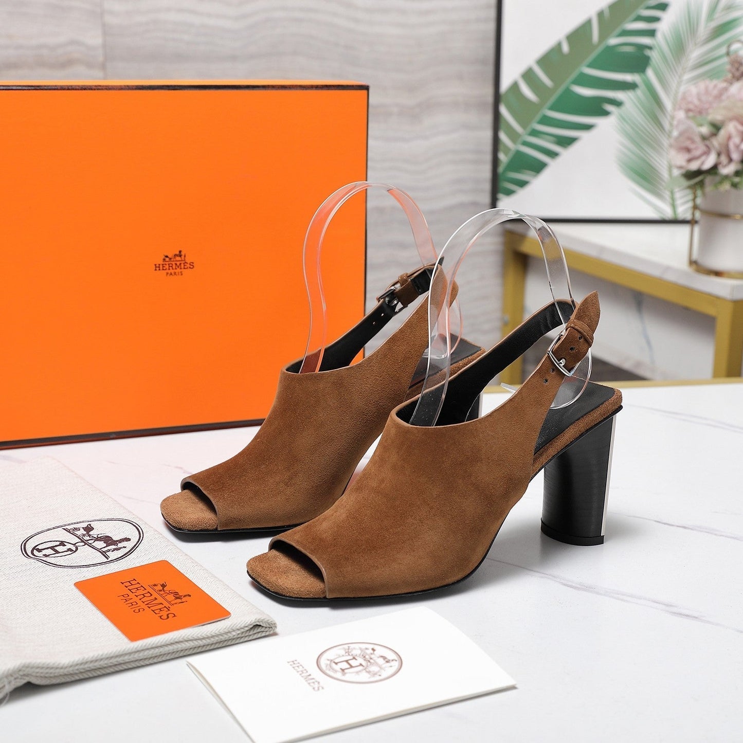 HM 26ss Peep-Toe Sandals 80 Brown Suede 601242