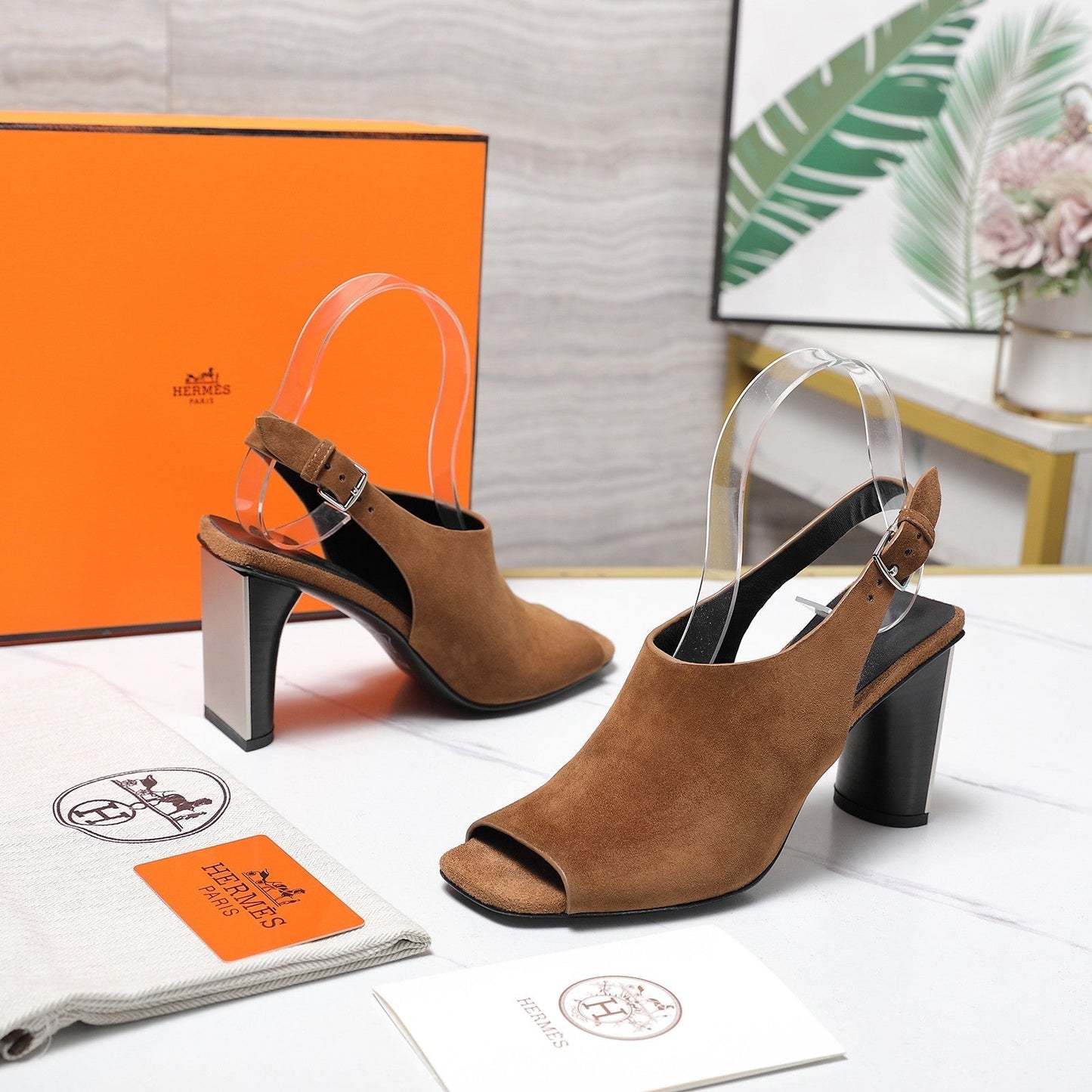 HM 26ss Peep-Toe Sandals 80 Brown Suede 601242