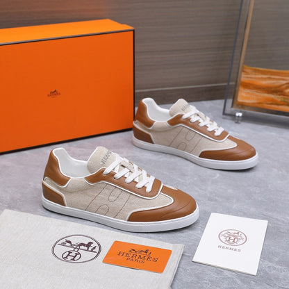 HM 26ss Casual Sneakers Ecru Brown Calfskin Canvas 637716