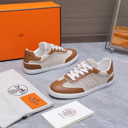 HM 26ss Casual Sneakers Ecru Brown Calfskin Canvas 637716
