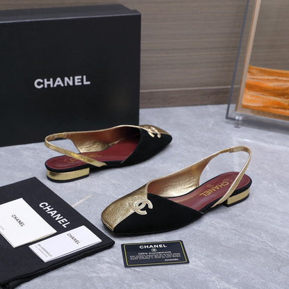 Chanel 2026 Slingback Black Gold Suede Leather 758405