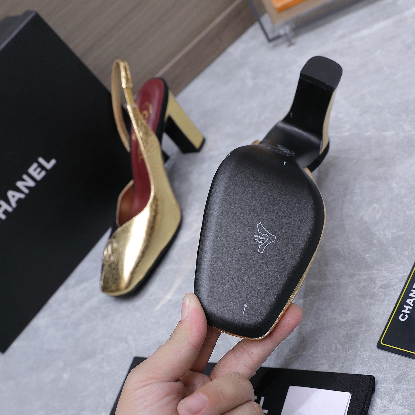 Chanel 2026 High-Heeled Slingback 60mm Black Gold Suede Leather 758409