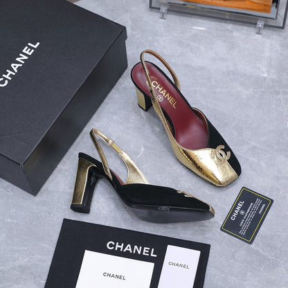 Chanel 2026 High-Heeled Slingback 85mm Black Gold Suede Leather 758409