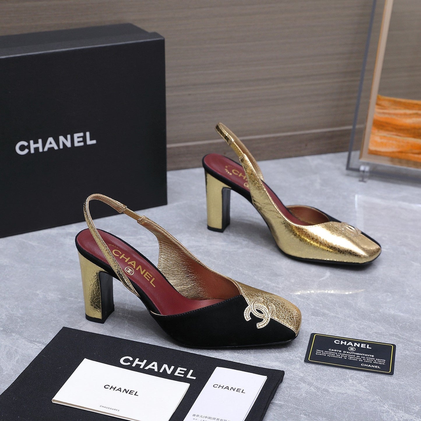 Chanel 2026 High-Heeled Slingback 60mm Black Gold Suede Leather 758409