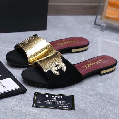 Chanel 2026 Sandals Black Gold Suede Leather 758413