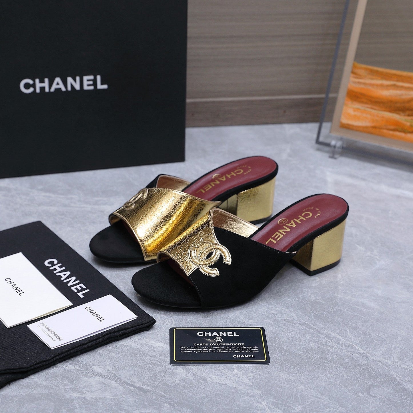 Chanel 2026 High-Heeled Sandals Black Gold Suede Leather 758417