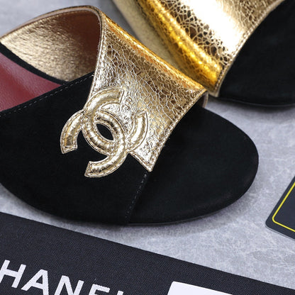 Chanel 2026 High-Heeled Sandals Black Gold Suede Leather 758417