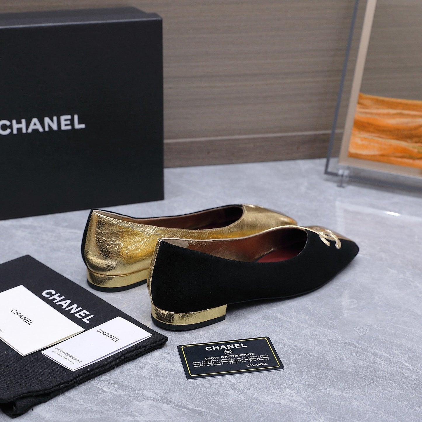 Chanel 2026 Ballet Flats Black Gold Suede Sheepskin 758421