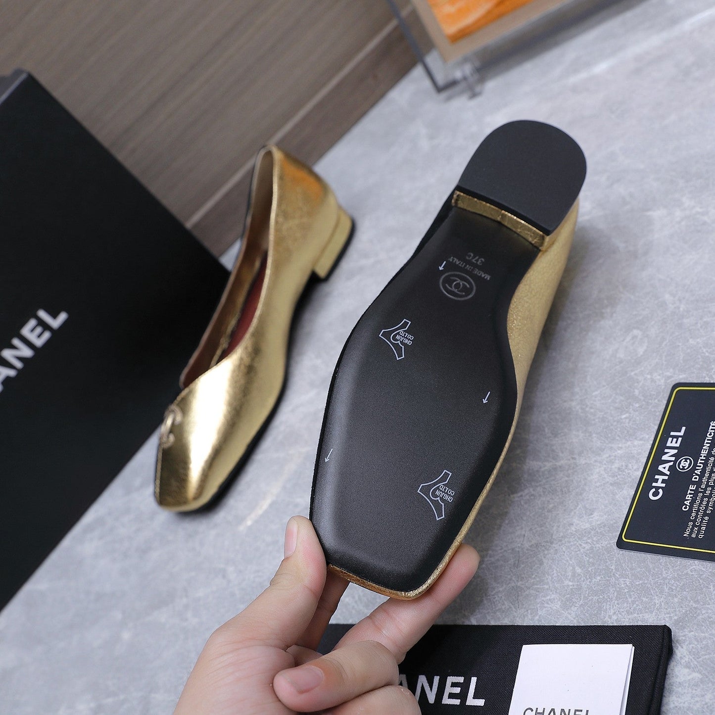 Chanel 2026 Ballet Flats Black Gold Suede Sheepskin 758421