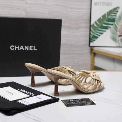 Chanel 2026 High-heeled Sandals With Delicate Bow 80mm Beige Cowhide 758428
