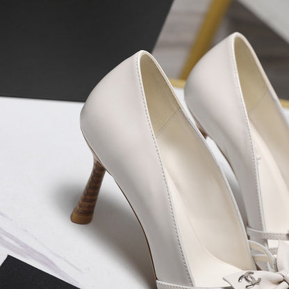Chanel 2026 Bow Strappy High-Heeled Peep Toe Sandals White Cowhide 758431