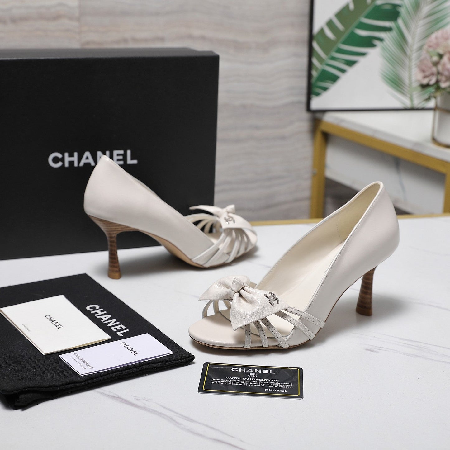 Chanel 2026 Bow Strappy High-Heeled Peep Toe Sandals White Cowhide 758431