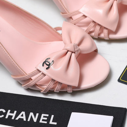 Chanel 2026 Bow Strappy High-Heeled Peep Toe Sandals Pink Cowhide 758433