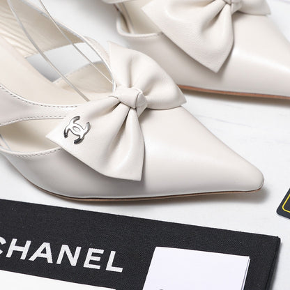 Chanel 2026 Bow Strappy High-Heeled Slingback 80mm White Cowhide 758435