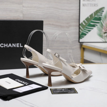 Chanel 2026 Bow Strappy High-Heeled Slingback 80mm White Cowhide 758435