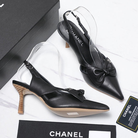 Chanel 2026 Bow Strappy High-Heeled Slingback 80mm Black Cowhide 758438