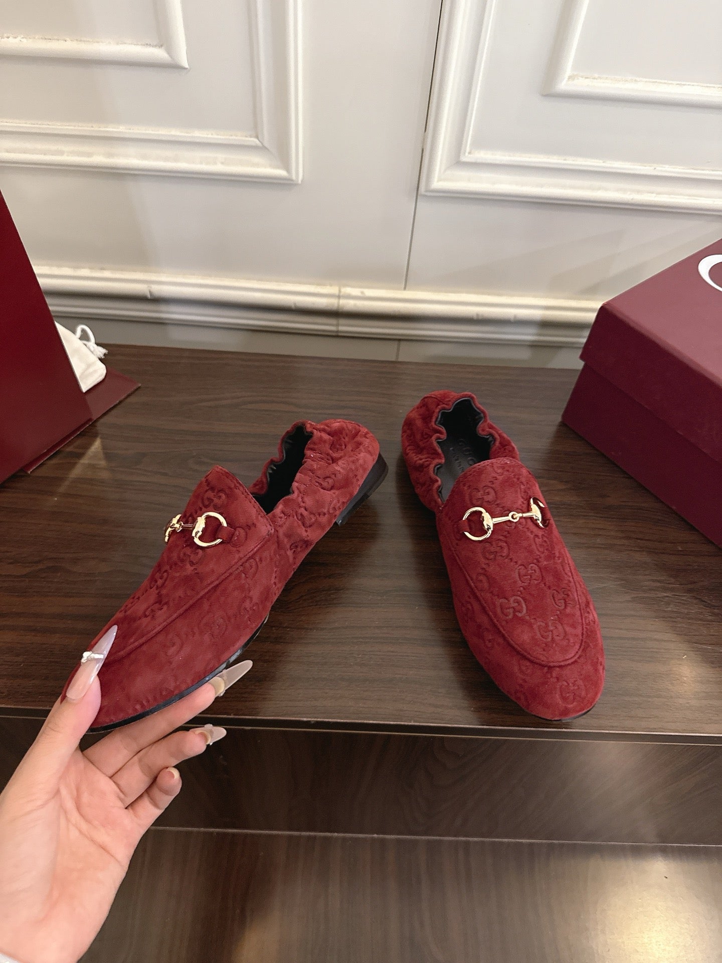 GG 26SS Loafers Burgundy Monogram Suede Leather 645957