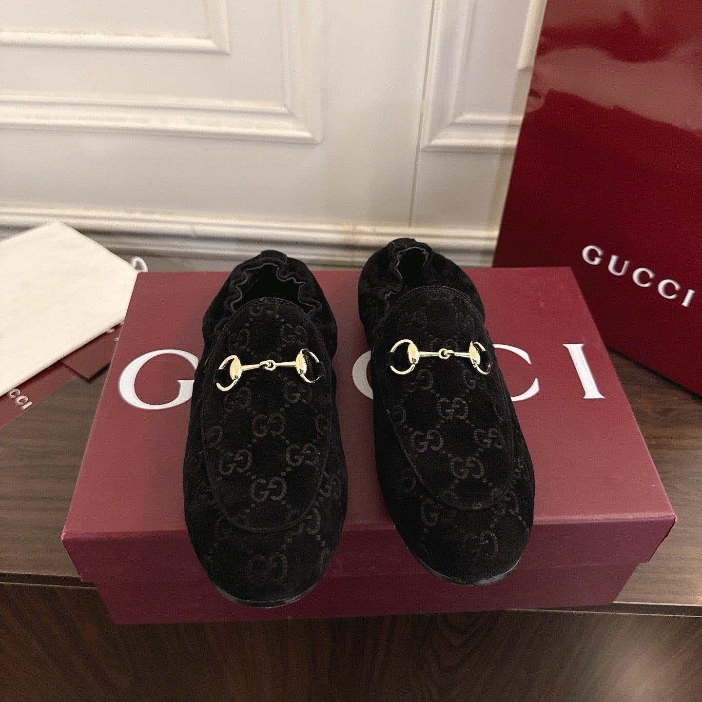 GG 26SS Loafers Black Monogram Suede Leather 645958