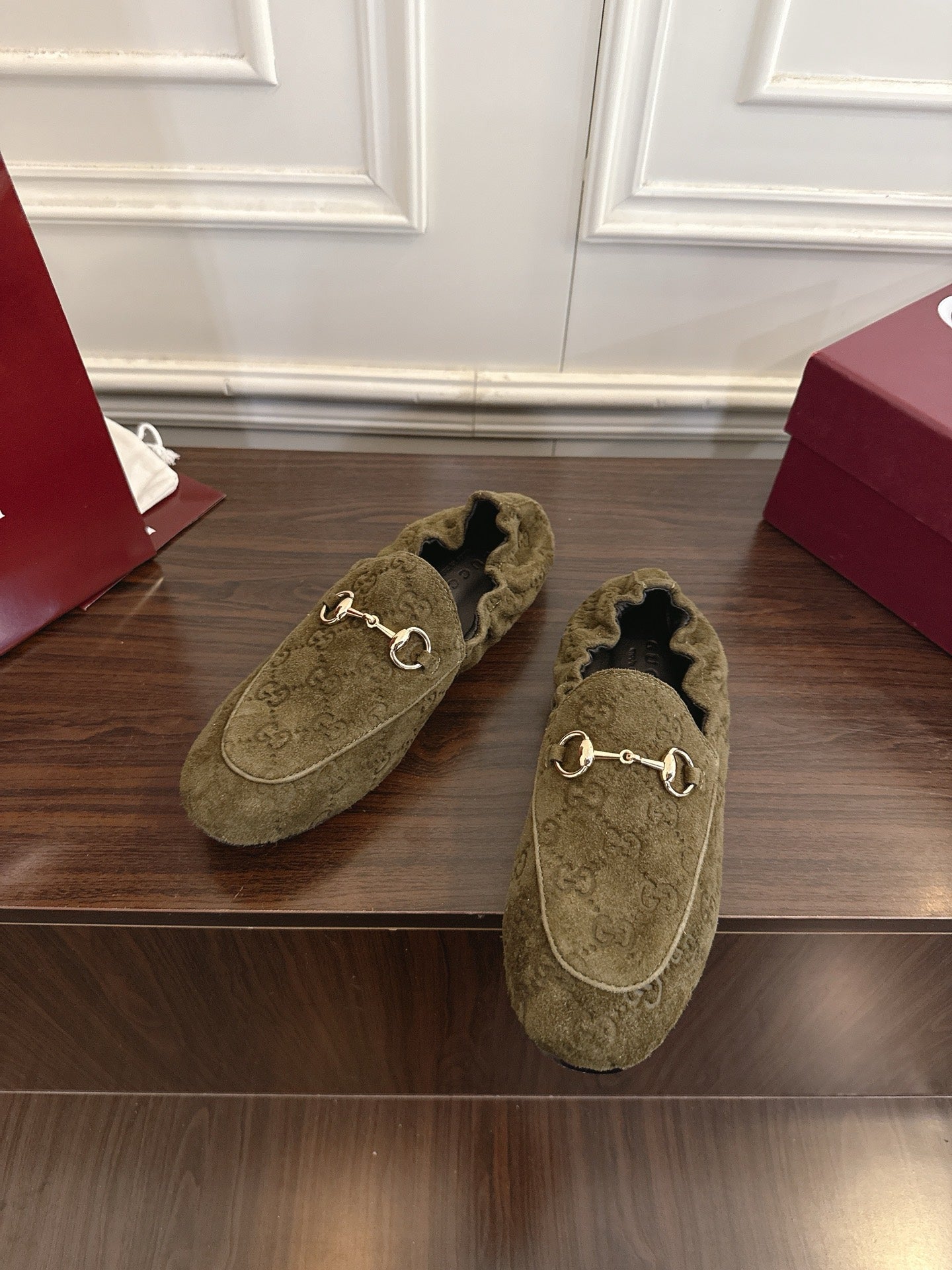 GG 26SS Loafers Olive Green Monogram Suede Leather 645960