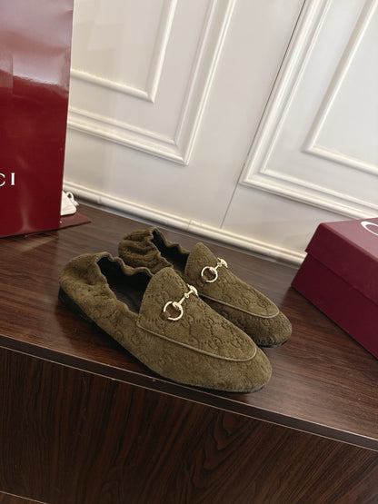 GG 26SS Loafers Olive Green Monogram Suede Leather 645960