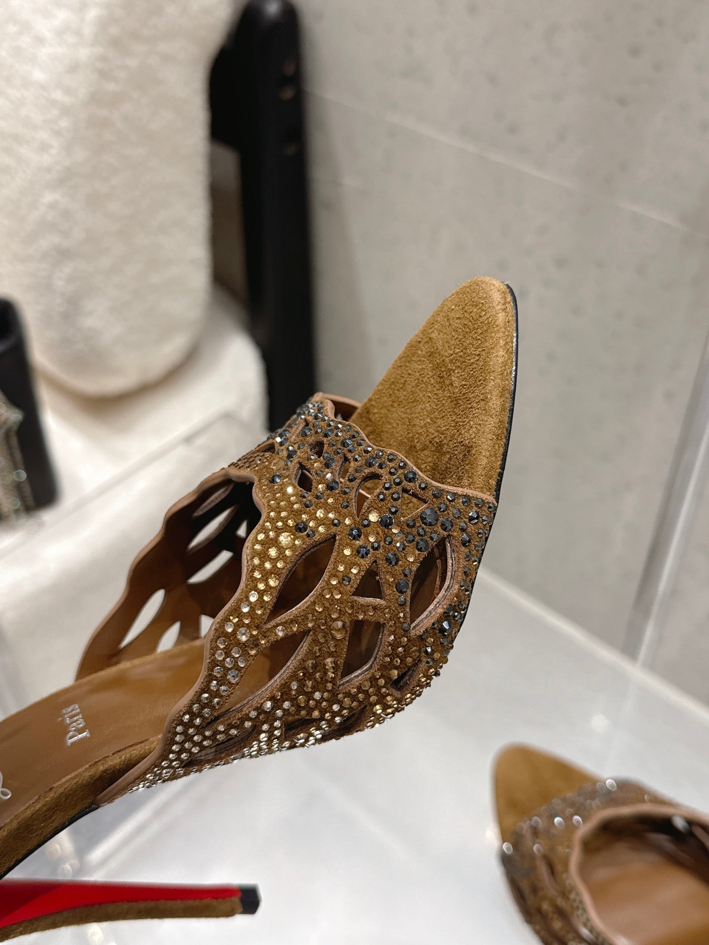 CL 26SS High-Heeled Slippers 100 Camel Brown Suede Sheepskin 636695
