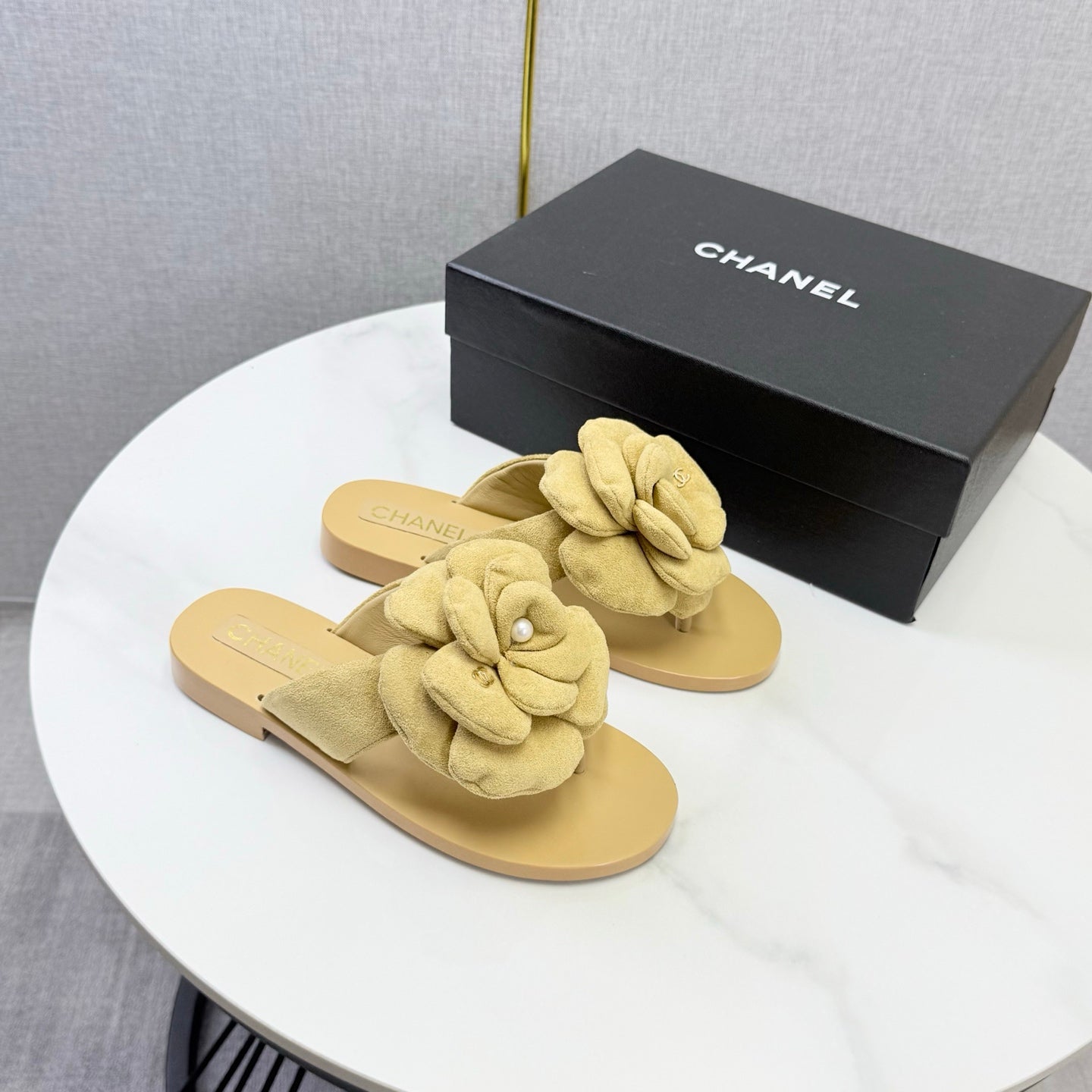 Chanel 2026 Flower Flat Thong Sandals Suede Cowhide 801431