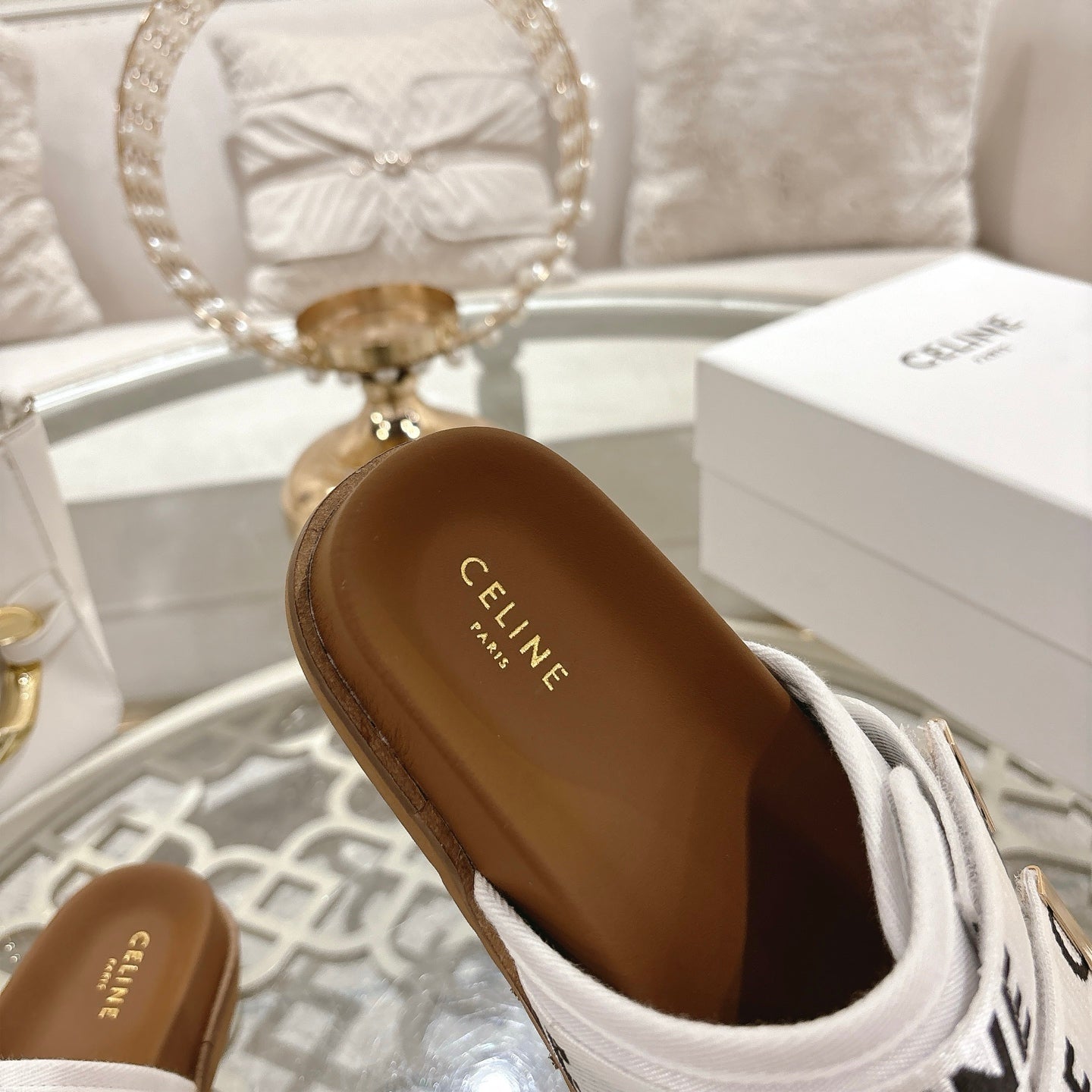 Celine 26 Pitea Sandals Jacquard Cotton Fabric Leather 736580