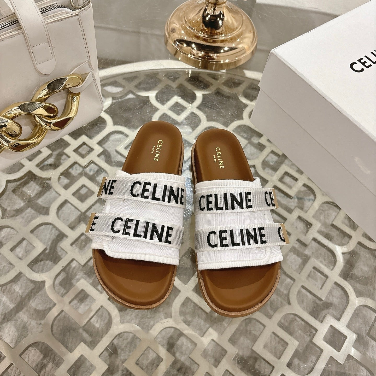 Celine 26 Pitea Sandals Jacquard Cotton Fabric Leather 736580