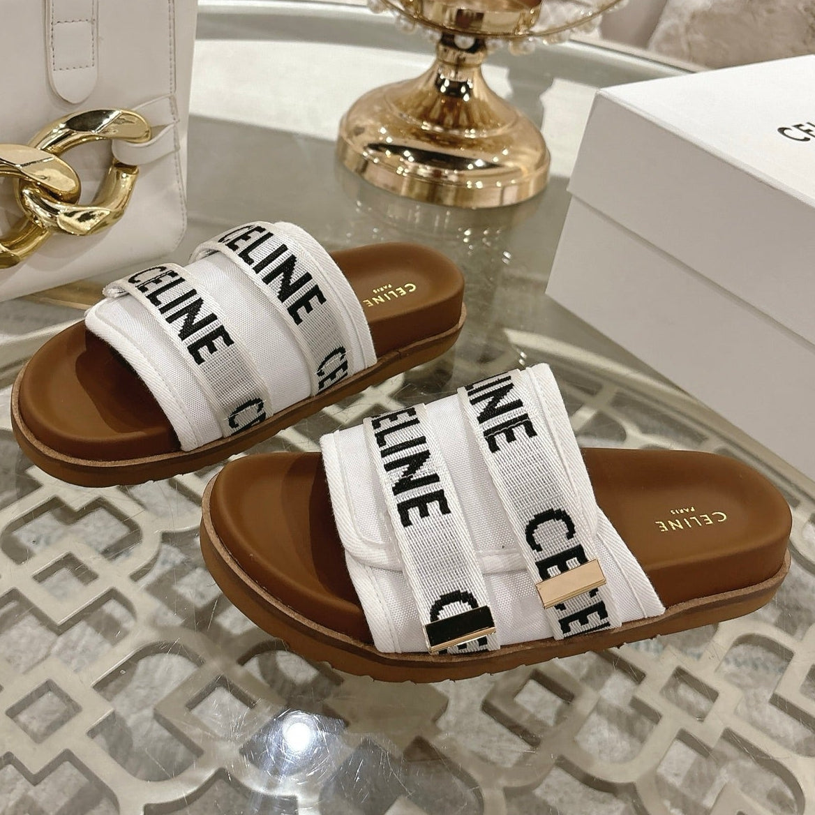 Celine 26 Pitea Sandals Jacquard Cotton Fabric Leather 736580