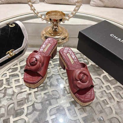 CC 26s Camellia Platform Slippers 65 Dark Red Lambskin 627046