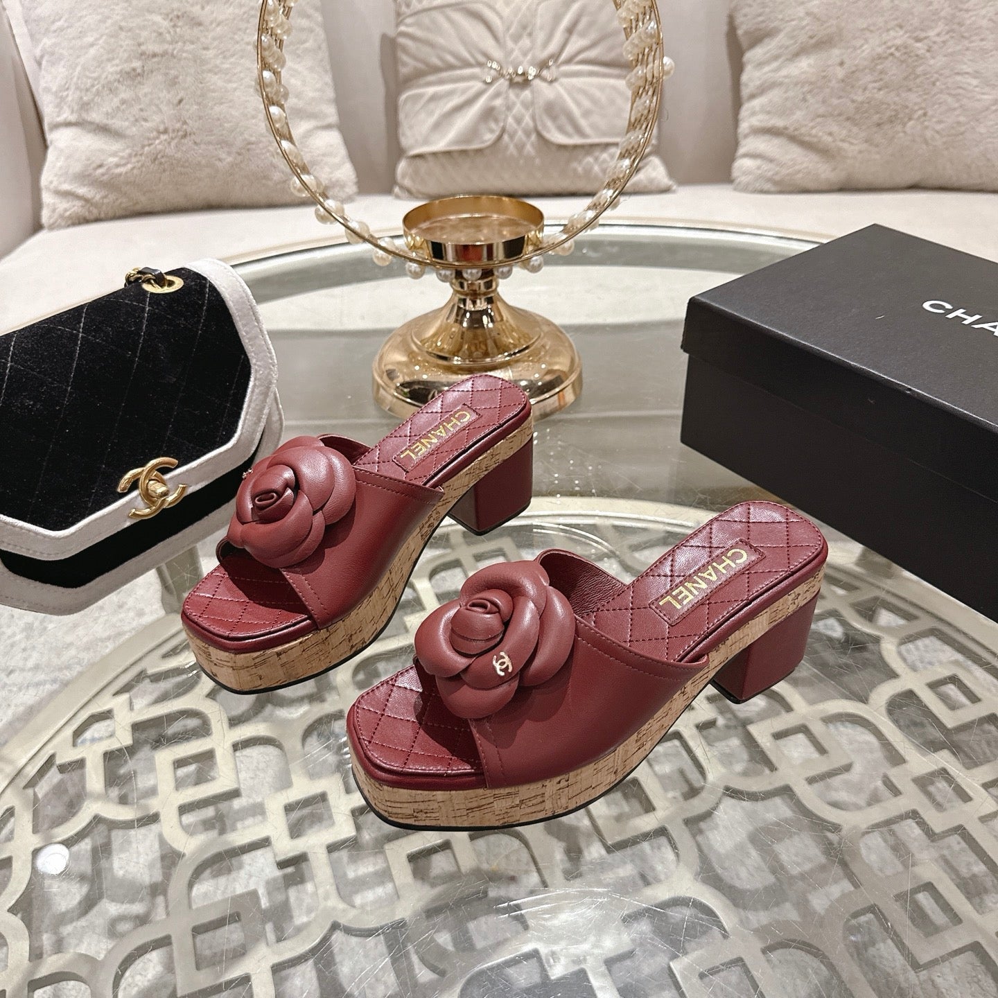 CC 26s Camellia Platform Slippers 65 Dark Red Lambskin 627046
